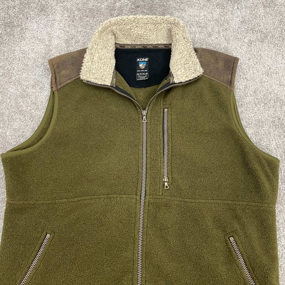 KUHL Fleece Vest Mens XL Shearling Collar Made in Canada Full Zip Outdoor Green
